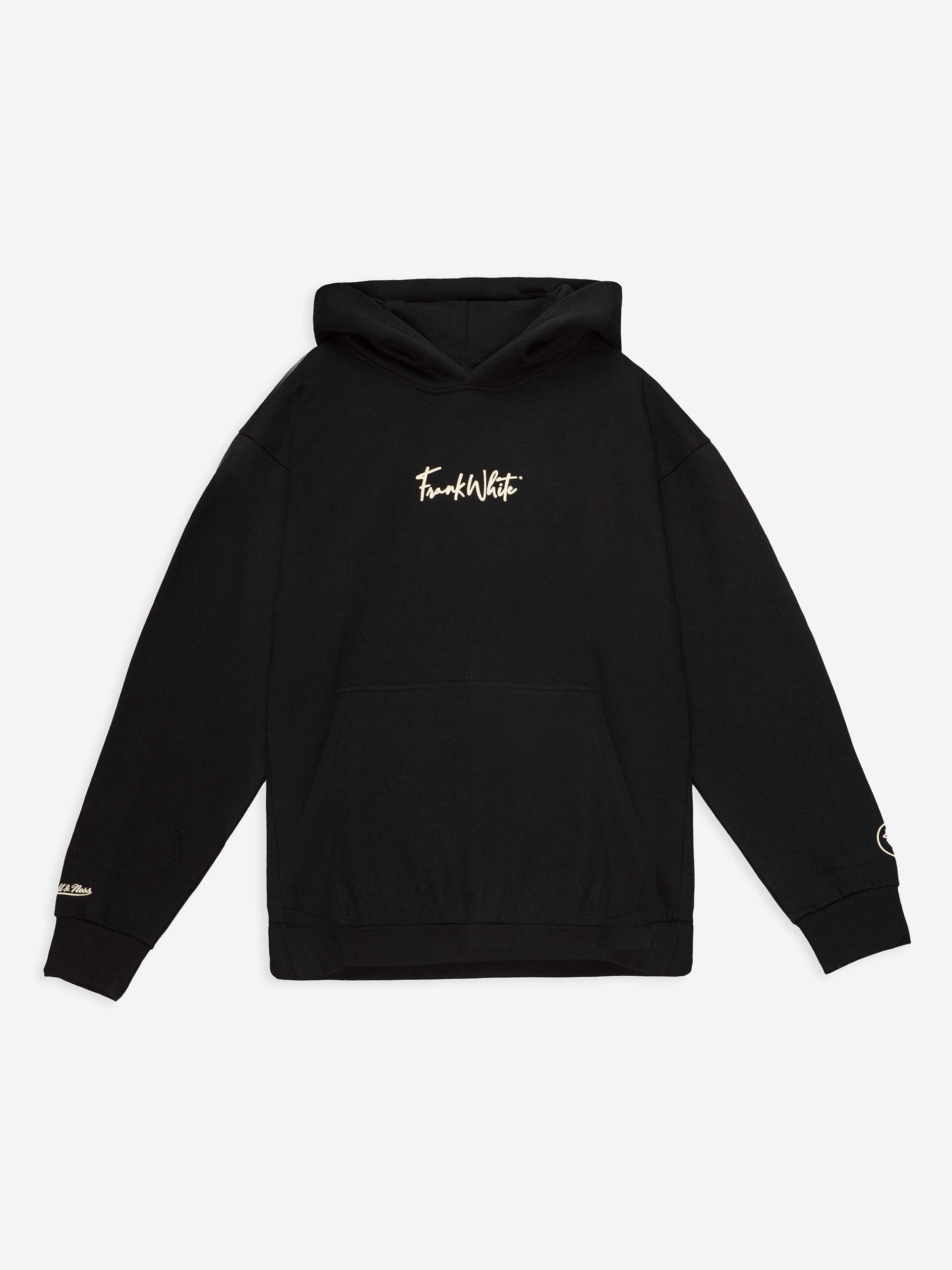 A sleek black hoodie with a clean design featuring an elegantly scripted 'Franklin White’ logo on the chest and detailed branding on the sleeve, presented on a pure white background for a stark contrast.